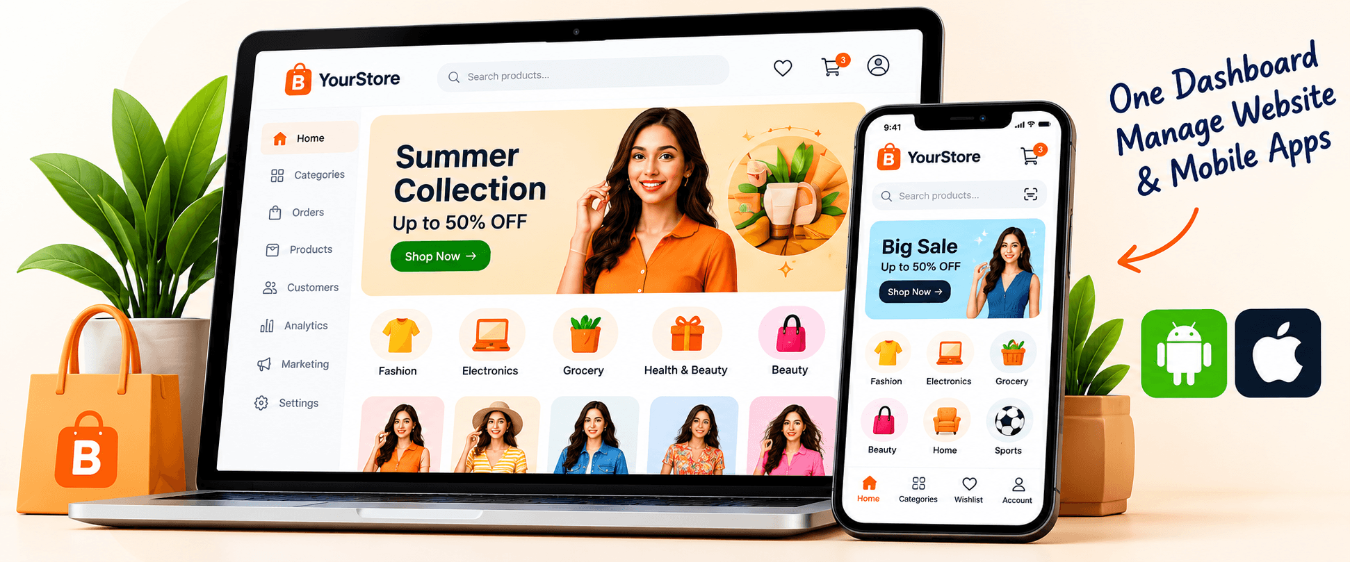 A BanaoStore store on a laptop and a phone, with Android and iOS apps managed from one dashboard